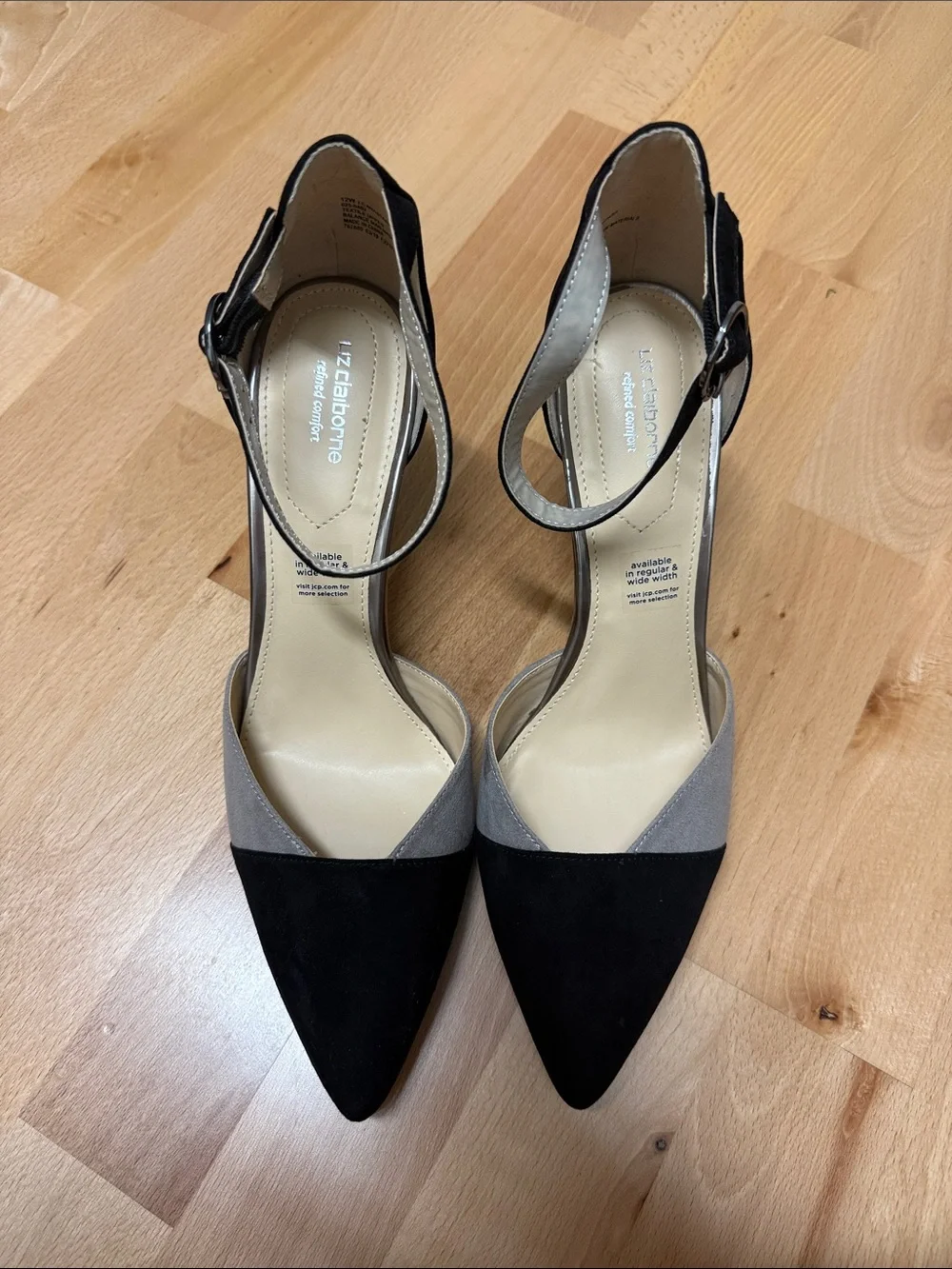 Liz Claiborne Black and Gray Pointed D'Orsay Ankle Strap Heels